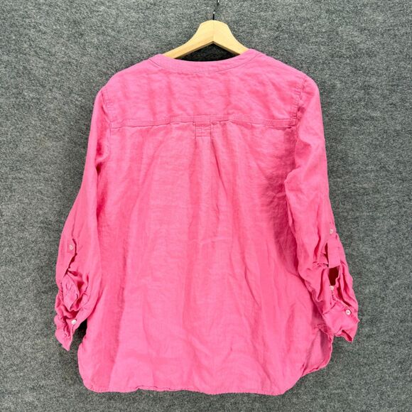 Unbranded Blouse Women M Medium Pink V-Neck Long Sleeve Linen Button Pockets - Picture 2 of 6